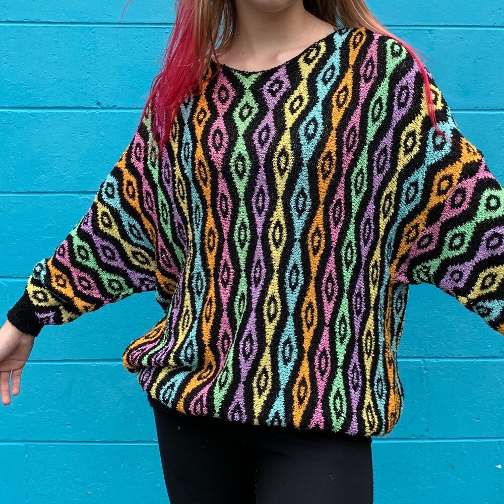 Vintage 80's French Rags Hand-Loomed Batwing Pastel Rainbow Boyfriend Sweater